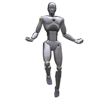 Ein fliegender, humanoider Roboter-Avatar mit ausgebreiteten Händen 