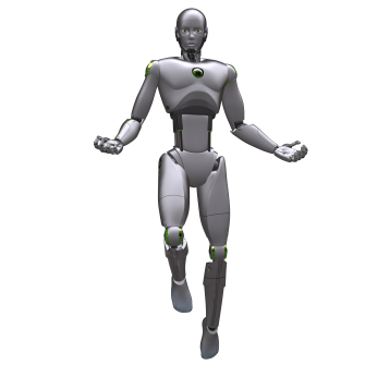 Ein fliegender, humanoider Roboter-Avatar mit ausgebreiteten Händen
